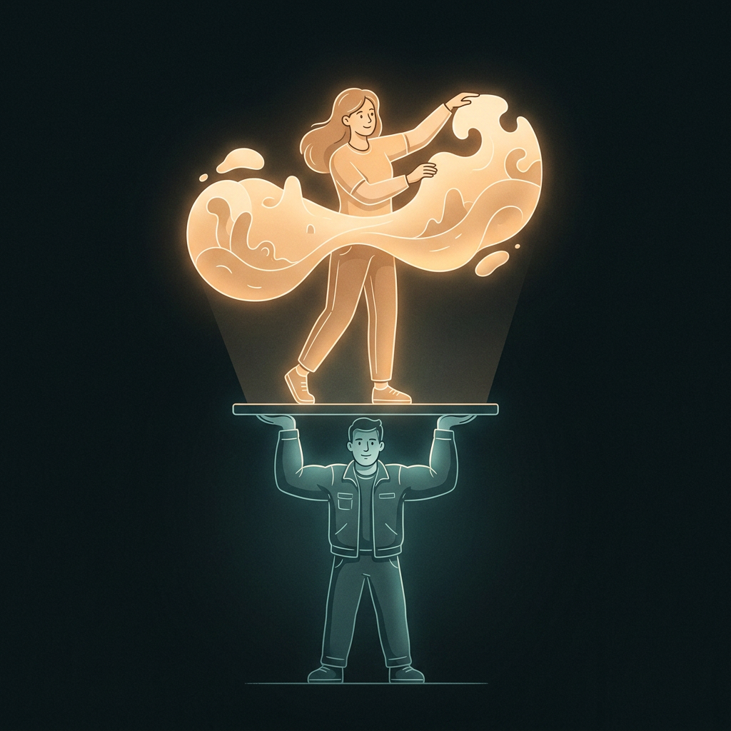 A clear vertical 'support' relationship between two people. BELOW: a game programmer forms a solid, dependable base, steadily holding up a platform with firm hands like a sturdy foundation, glowing teal. ABOVE, standing on that support: a game designer creates freely and playfully — shaping a bright, imaginative, fun form — glowing warm amber. The firm base below enables the free creation above. Warm and reassuring, clean composition. P17 생성 이미지