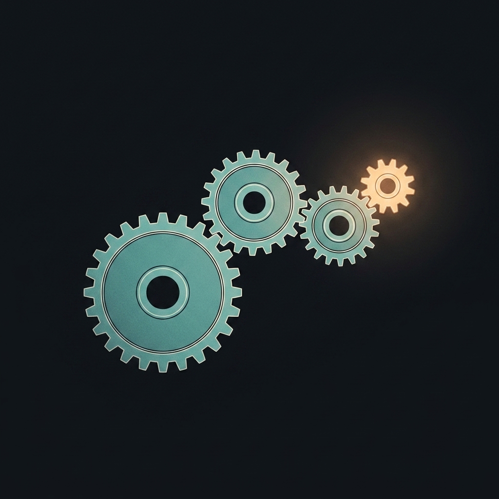 1:1 square, plain deep near-black background so it blends into the dark slide. A functional, mechanically correct gear train of 3-4 gears whose teeth ACTUALLY MESH — each gear's teeth fit precisely into the gaps between the adjacent gear's teeth, centers spaced so they truly engage like real working clockwork that could physically rotate together. Larger gears in cool teal with off-white linework; one SMALL gear glows warm amber, positioned at the edge but meshed into the chain. Do NOT let gears merely overlap or float apart — show real, tight tooth engagement between neighbours. Calm composition with quiet dark negative space. P32 생성 이미지