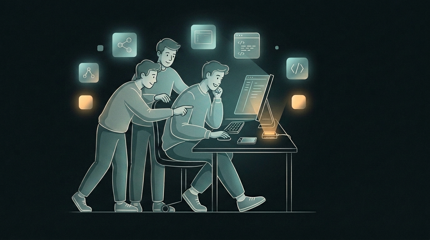 A few developer figures gathered around a shared piece of work in easy, warm collaboration — relaxed and positive, a clear sense of belonging together. One of them is the same lone developer seen earlier, now working happily alongside others. Quietly hopeful and warm — a closing 'we build this together' feeling. Leave a calm uncluttered area for a title overlay. P40 생성 이미지
